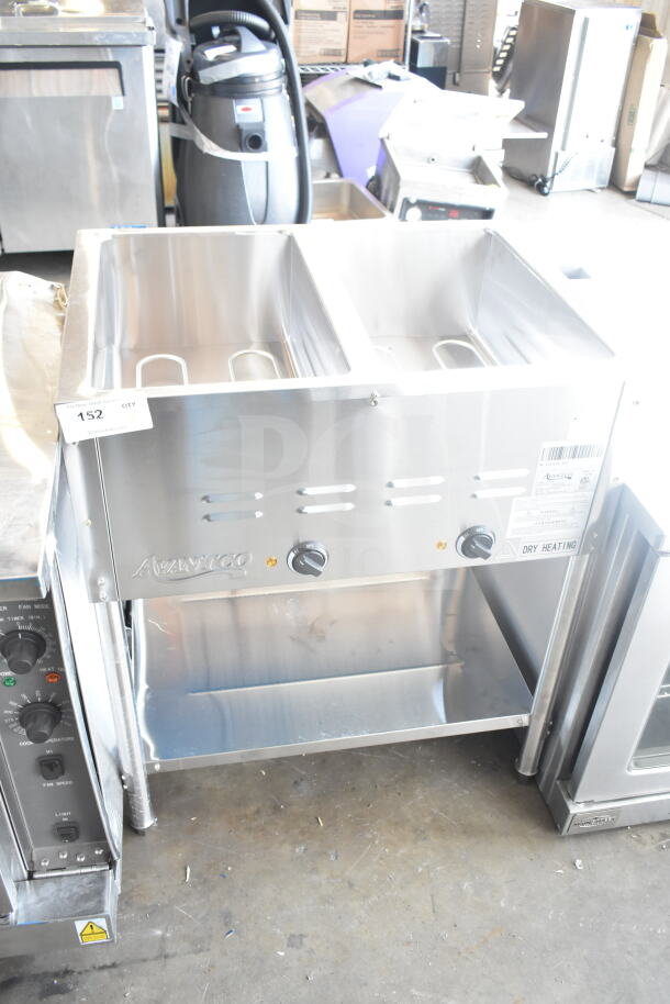 Avantco 177STE2S electric steam table, new with scratches. Two-pan open well, undershelf, 120V, 1 phase, dry heating.