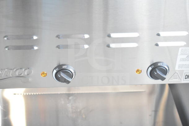 Brand new Avantco 177STE2S two pan electric steam table, 120V, with undershelf. Includes temperature controls and branding.