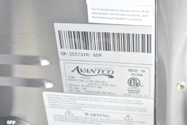 BRAND NEW Avantco 177STE2S two-pan electric steam table, 120V, with undershelf. Visible label shows model, serial number, and safety info.