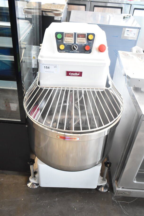 Brand new Estella 348SM80 80 Qt. spiral dough mixer, 220V, 3 phase, two-speed, visible controls, minor scratches.