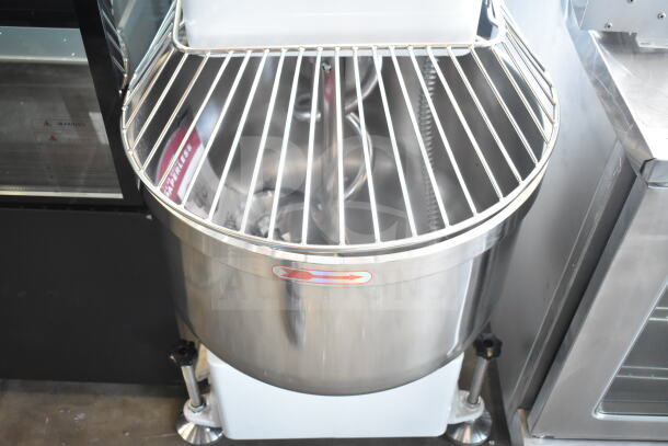 Brand new Estella 348SM80 80 Qt. two-speed spiral dough mixer with minor scratches, 220V, 3 phase, metal finish.