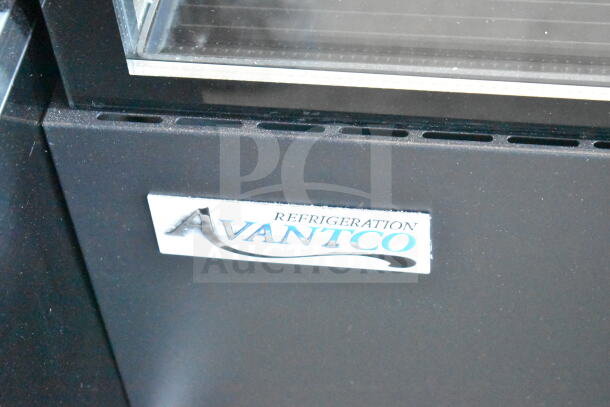 Avantco 193BCF60B Refrigerated Display Case, black, 59 1/8", glass cracked, 110-120V, 1 phase, "Avantco" label visible.