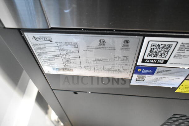 Avantco 193BCF60B tag showing model, voltage (110-120V), refrigerant type, and technical specs. Display case with broken glass.