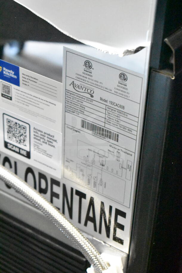 Avantco Model 193CAC60B refrigerated air curtain merchandiser label, showing specifications and partially visible glass damage.