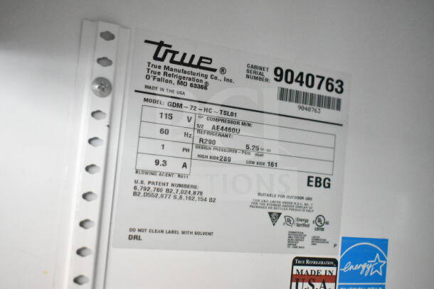 Label for 2016 True GDM-72-LD Commercial Cooler, 115V, 1 Phase; Model GDM-72-HC-TSL01, Serial 9040763, Made in USA.