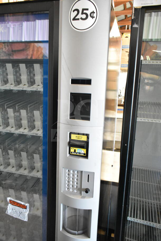 Crane 5800-4 vending machine with bill acceptor, 115V, 1 phase. Features bottle slots, keypad, 25¢ label, and coin slot.