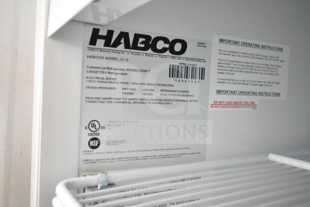 2019 Habco SE18 single door cooler, 115V, 1 phase. Label shows model details and UL, NSF certifications.