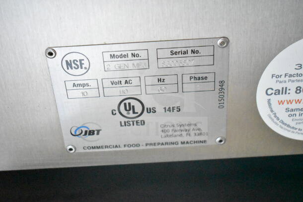 NSF and UL listed JBT 2ND-GEN-MFJ citrus juicer label. 115 volts, 10 amps, 1 phase. Commercial use.