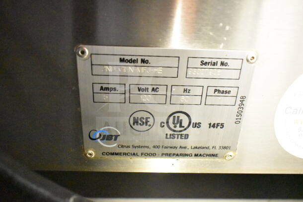 JBT 2ND-GEN-MFJ-HE citrus juicer label indicating model, serial number, and specifications, UL and NSF certified.