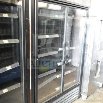 2021 True TVM-48SL-HC commercial two-door cooler merchandiser, black finish, glass doors, 115 Volts, 1 Phase.