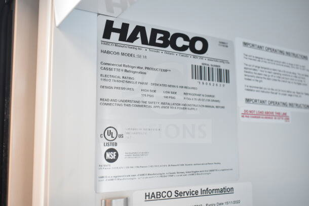 2019 Habco SE18 Commercial Cooler label showing model, electrical rating 115V/2.7A, UL and NSF certifications.