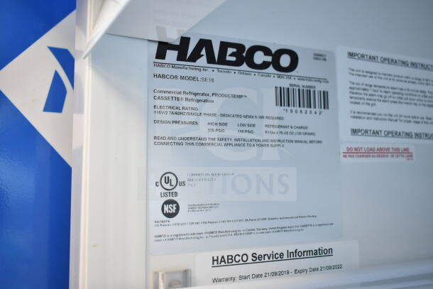 2019 Habco SE18 Commercial Single Door Cooler. Features 115V, 1 phase, UL and NSF listed. Warranty expired 2022.