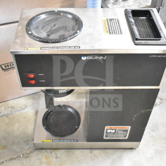 2024 Bunn VPR Commercial Coffee Machine, 120V, 1 Phase, dual warmer plates, warning labels visible, countertop model.