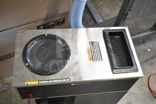 2024 Bunn VPR Commercial Coffee Machine, stainless steel, 120V, with hot plate and filter basket. Warning labels visible.