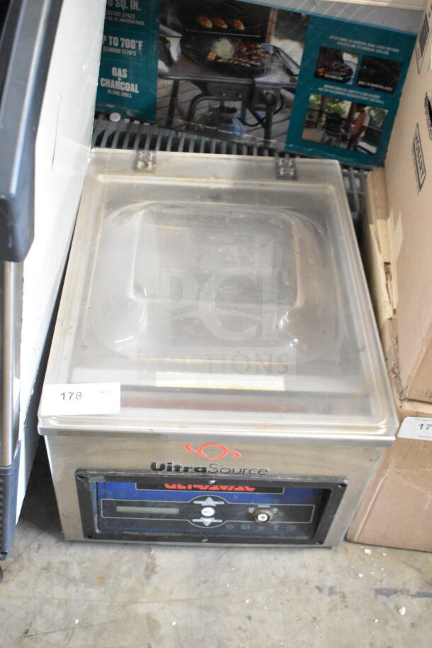 UltraVac UV250 Commercial Vacuum Sealer, countertop model, 110 volts, 1 phase, clear lid, metal body, minor wear.