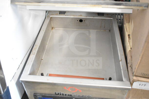 UltraVac UV250 Commercial Vacuum Sealer, 110V, stainless steel, visible wear, UltraVac logo on front, open lid view.