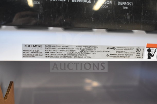 BRAND NEW KoolMore KM-MD30-BSS 30" Stainless Microwave Drawer, 1.2 cu. ft., 120V, scratch and dent, label details visible.