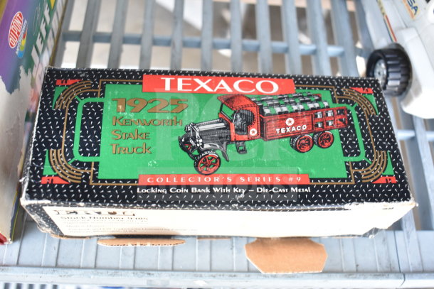 Texaco 1925 Stake Truck box, Collector’s Series #9, die-cast metal, locking coin bank. Part of auction lot, 5 items.