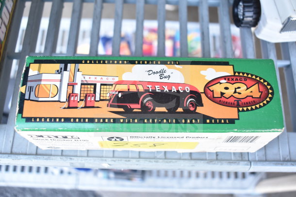 Collectible Texaco 1934 Doodle Bug model box, vibrant design, die-cast metal locking coin bank, official licensed product.