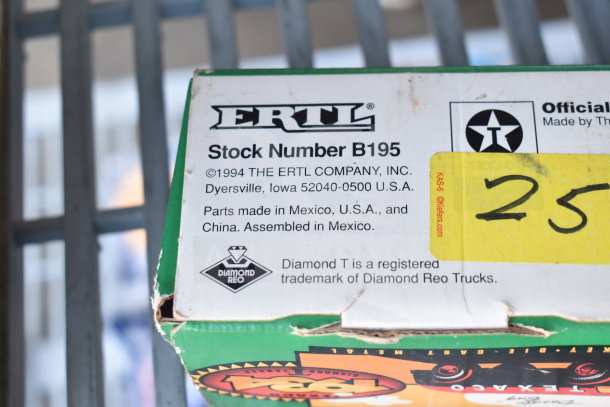 Box showing ERTL Stock Number B195. Includes Texaco 1925 Stake Truck and 1934 Doodle Bug. Assembled in Mexico.