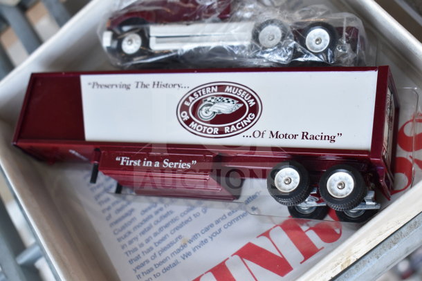Winross collectible truck with "Eastern Museum of Motor Racing" logo, maroon and white, mint condition, "First in a Series".