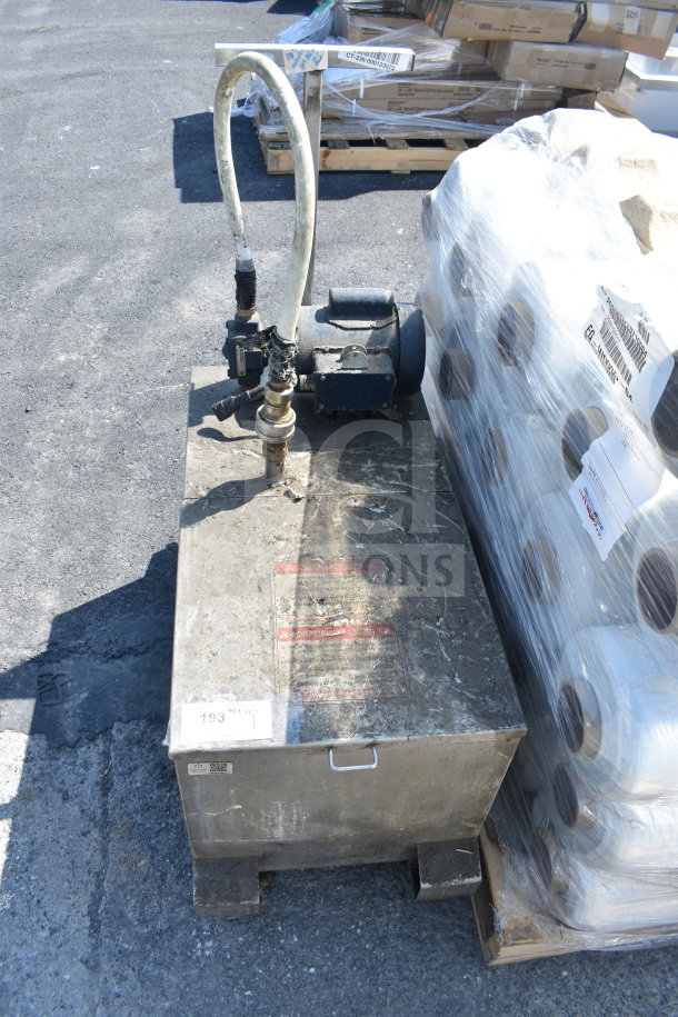 Frontline 402 Commercial Oil Caddy with casters. 120 Volts, 1 Phase. Used condition, visible wear, industrial setting.