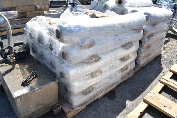 21 FG-W0005-04 Stretch Film Collection Bag Roll on pallet, 52,44,70 dimensions, 150 rolls, labels show auction details.