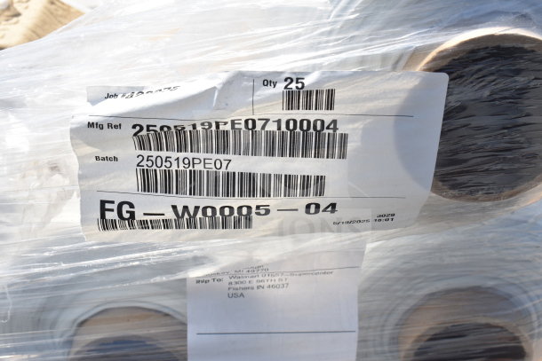 21 FG-W0005-04 stretch film rolls, labeled, 25 rolls per batch, 150/roll. Mfg Ref: 250519PE0710004.