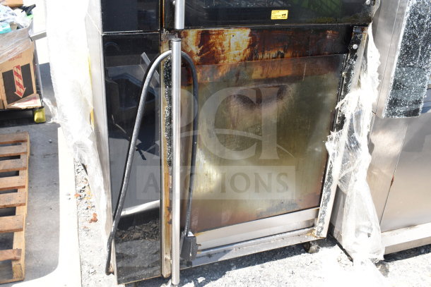 Fri-jado TDR7+7 P commercial electric rotisserie oven, visible wear, 208 volts, 3-phase, rust and residue on door.