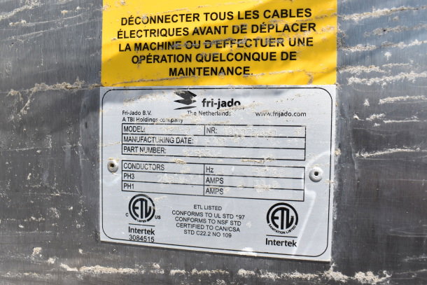 Fri-jado TDR7+7 P rotisserie oven label showing model, part number, voltage, and ETL certifications.