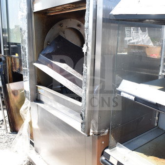 Commercial rotisserie oven, stainless steel, missing doors, visible wear and rust, suitable for parts or restoration.