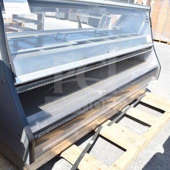 Commercial floor display case merchandiser, glass front, metal shelves, and visible allergy notice. Used condition.