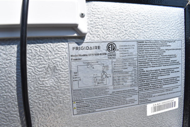 Label on Frigidaire EFRF698-COM mini cooler, showing model info and safety warnings. Includes ETL and Intertek certifications.