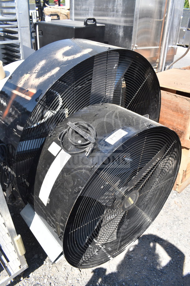 Two industrial fans, models MHD-36D-C and MAC-48-BDF-C, 120 volts, 1 phase, with visible wiring and labels.