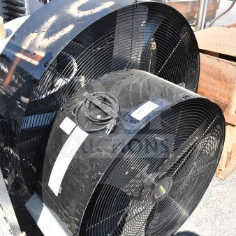 Two industrial fans, models MHD-36D-C and MAC-48-BDF-C, 120 volts, 1 phase, with visible wiring and labels.