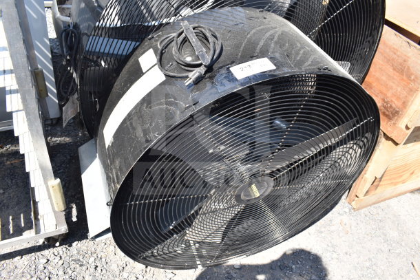 Two industrial fans, models MHD-36D-C and MAC-48-BDF-C, 120 volts, 1 phase, visible cords and labels, used condition.