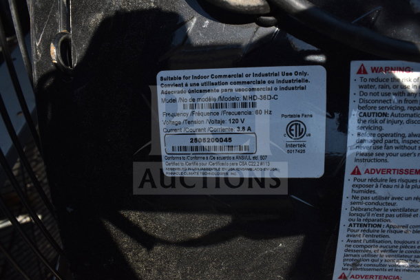 Two portable industrial fans, models MHD-36D-C and MAC-48-BDF-C. 120V, 1 phase, labeled for commercial use.