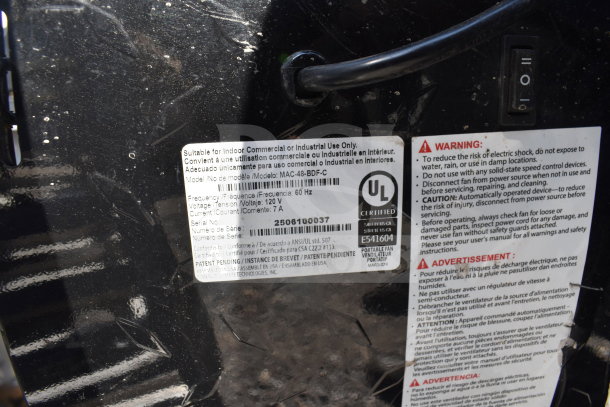 Indoor commercial fan label with UL certification. Model MAC-48-BDF-C, 120V, 1 Phase, 7A. Includes safety warnings.