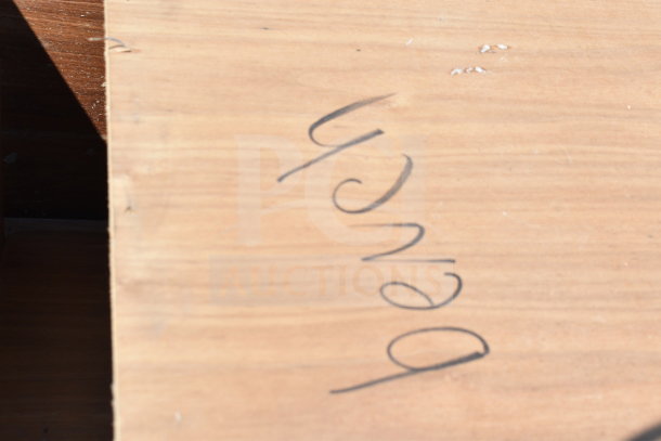 Wood-patterned bench surface with "bench" written on it, part of a 2-piece set. Visible wood grain and minor surface marks.