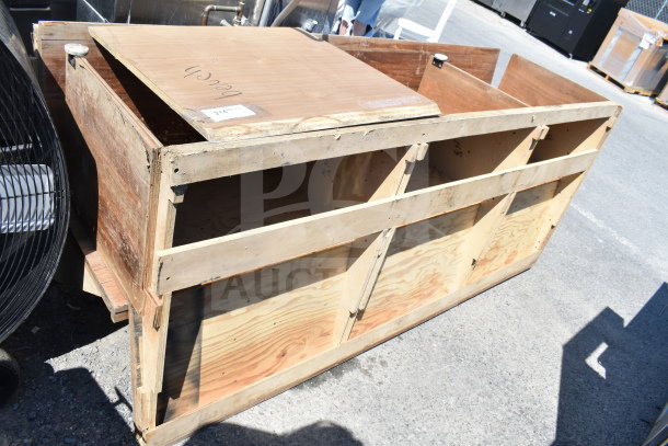 Wooden pattern bench with sturdy framework; worn condition. Includes visible label stating item number 214.
