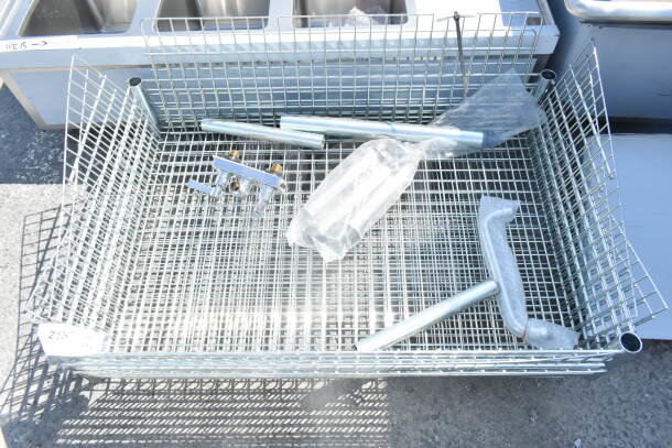 Chrome finish wire basket, 5-piece set, new; includes hardware and plastic-wrapped parts, metal construction, ideal for storage.