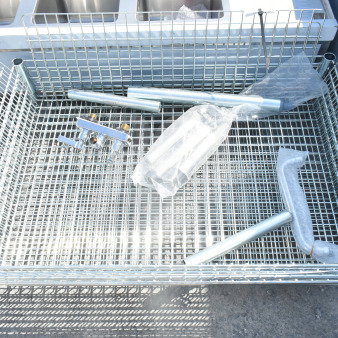 Chrome finish wire basket, 5-piece set, new; includes hardware and plastic-wrapped parts, metal construction, ideal for storage.