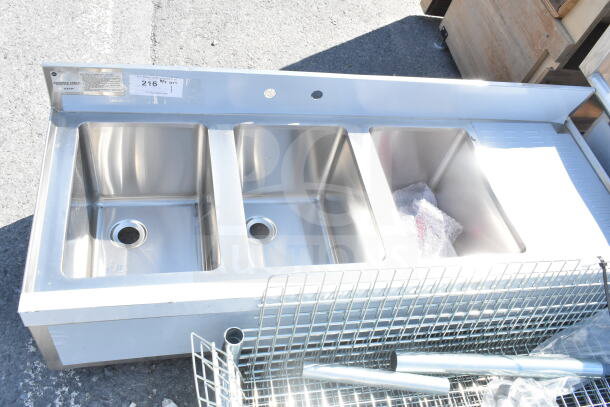 Advance Tabco SLB-43R 48" x 18" stainless steel three-compartment sink, right side drainboard, brand new, no legs.
