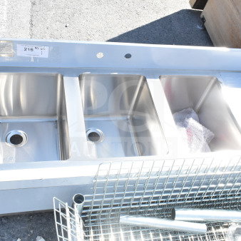 Advance Tabco SLB-43R 48" x 18" stainless steel three-compartment sink, right side drainboard, brand new, no legs.