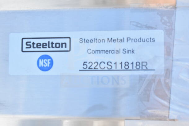 Steelton 522CS11818R commercial sink label showing NSF certification and model details. New, scratch and dent condition.