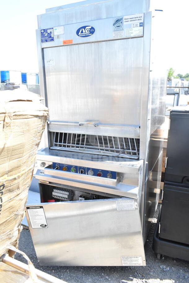 LVO FL14E stainless steel commercial pot and pan washer, front load, 460V, 3-phase, visible labels, used condition.