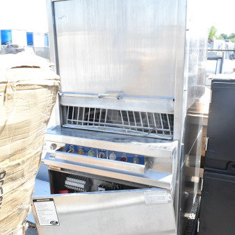 LVO FL14E stainless steel commercial pot and pan washer, front load, 460V, 3-phase, visible labels, used condition.
