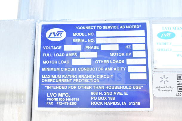 LVO FL14E stainless steel commercial pot and pan washer, front load, 460V, 3-phase, industrial label shown.