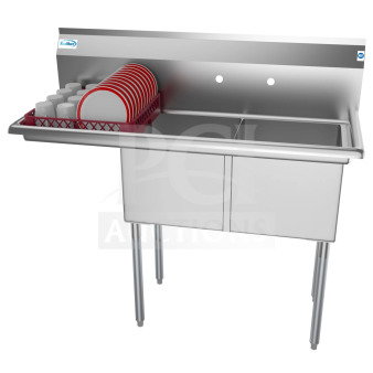 Brand new KoolMore SB151512-15L3 48" two-compartment stainless steel commercial sink, scratch and dent, with 2 drainboards.