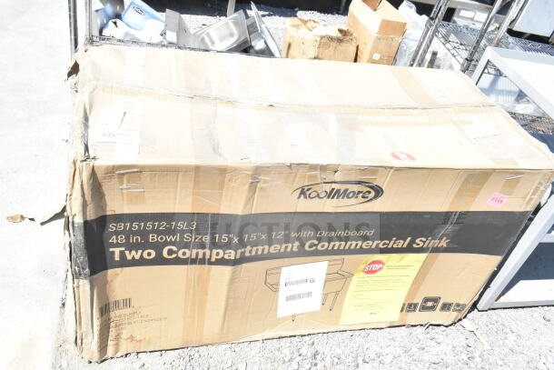 Brand new KoolMore SB151512-15L3 48" stainless steel sink with two compartments and two drainboards, box damaged.